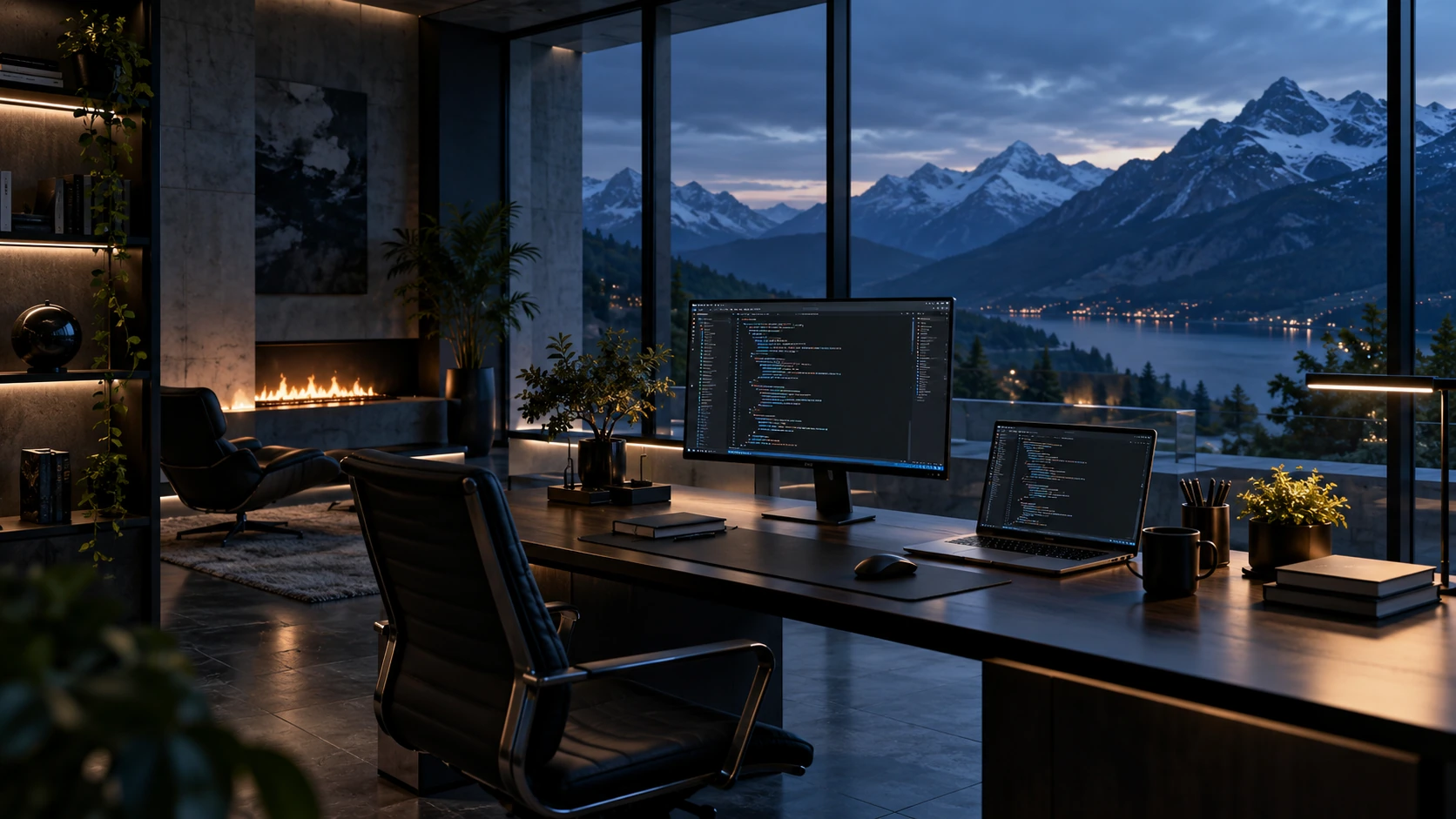Quiet workspace with monitors and an alpine view at dusk