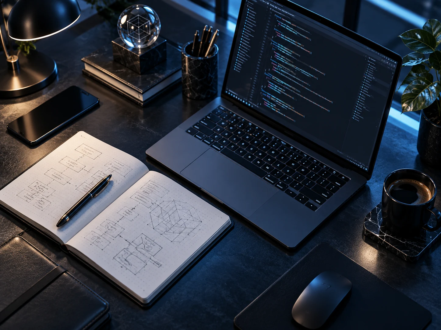 Premium desk with laptop, notes, and code